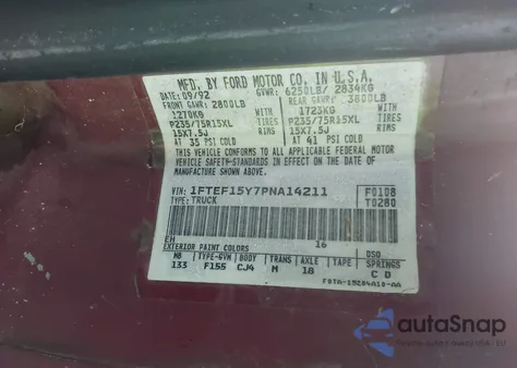 1993 Ford F150 из США, поврежденный, VIN 1FTEF15Y7PNA14211